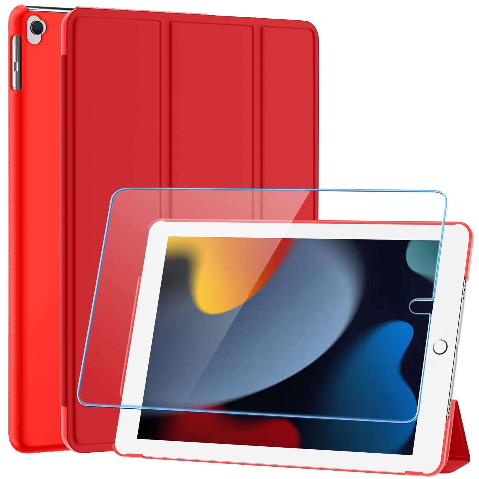 Photo 1 of SUPFINE for 10.2 Inch iPad 9th Generation Case 2021, with [ Glass Screen Protector ]/ iPad 8th/7th Generation Case 2020/2019, Slim Stand Translucent Back Shell Cover, Red