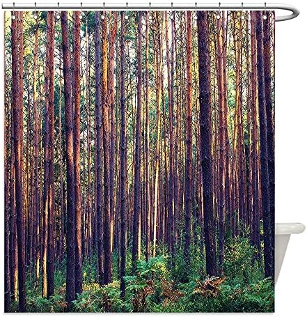 Liguo88 Custom Waterproof Bathroom Shower Curtain Polyester Farm House Decor Forest in the Morning Light Tall Trees Trunks Greenery Natural Environment Picture Green and Brown Decorative bathroom