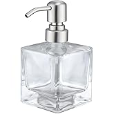 RZOEOX Hand Soap Dispenser Square with Brushed Nickel Pump, 8.4 oz Liquid Clear Glass Soap Dispenser with Stainless Steel Pump for Dish Soap Bathroom Kitchen Vanity Countertop