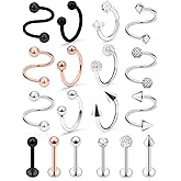 Hoeudjo 18PCS 16G Surgical Steel Lip Hoop Ring Crystal Cubic Daith Earring Spiral Horseshoe Barbell Tragus Cartilage Earring Helix Septum Hoop Body Piercing Jewelry for Women Men 8-10mm