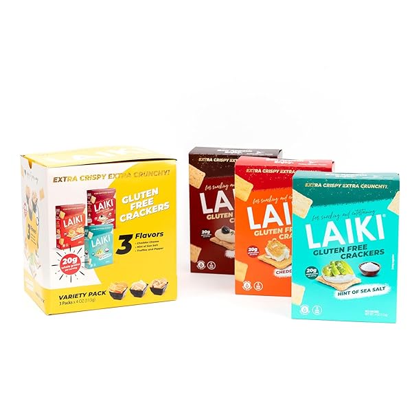 GLUTEN FREE CRACKERS (VARIETY PACK OF 3) CHEDDAR CHEESE, TRUFFLES AND PEPPER, SEA SALT HEALTHY SNACKS WHOLE GRAIN BROWN RICE ALMOND FLOUR ALTERNATIVE CRACKERS CRISPY CRUNCHY TASTY LIGHT SNACKS
