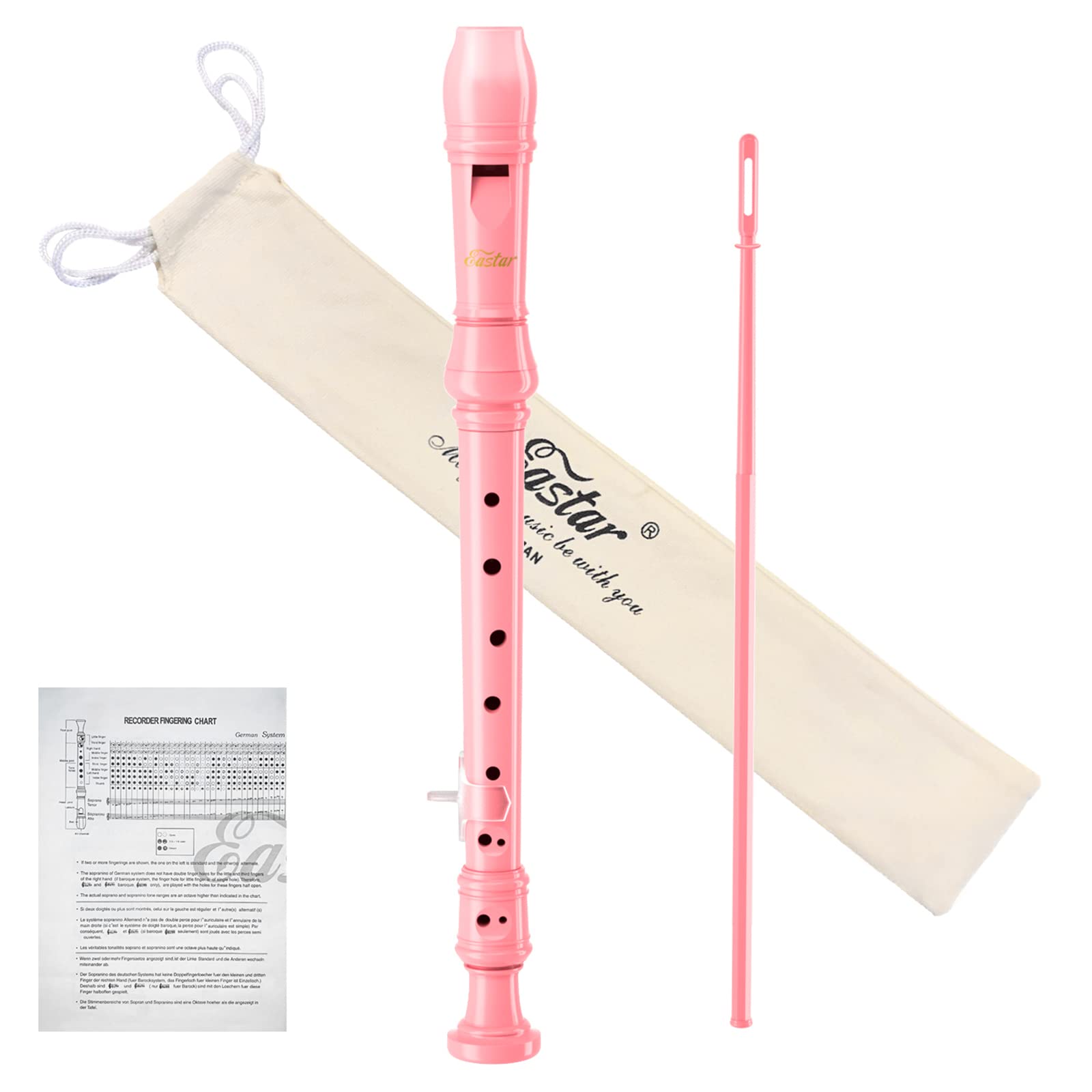 Eastar Soprano Recorder Instrument for Kids Beginners, German Fingering C Key with Cleaning Kit, Thumb Rest, Cotton Bag, Fingering Chart, ERS-21GP, Pink, School-Approved