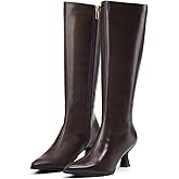 GENSHUO Knee High Boots Women Pointed Toe 2.3 Inches Kitten Heel Tall Boots Classic Fashionable Long Boots with Side Zipper Winter Brown Size 9