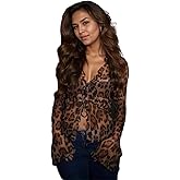 OCUH Sexy Lace Blouse Women Long Bell Sleeve Button Up Deep V Neck Tops Mesh Sheer Ladies Tops Coquette Clothes