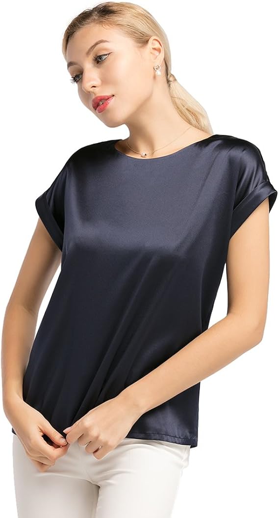 Amazon Lilysilk リリーシルク レディーズシャツ ブラウス シルク Tシャツ 丸首 半袖 19mm ネイビーブルー M Tシャツ カットソー 通販