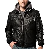 FLAVOR Men Brown Leather Motorcycle Jacket with Removable Hood