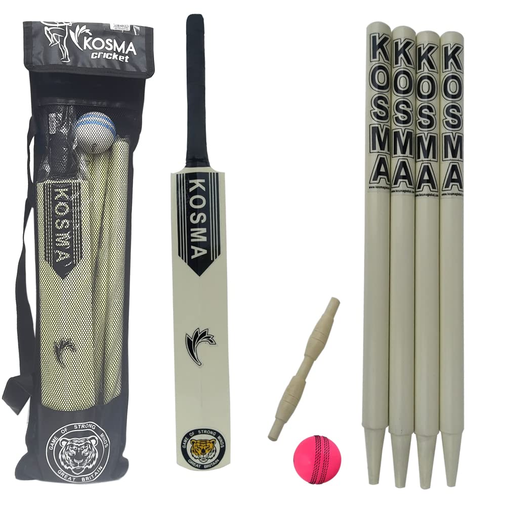 Kosma Fresher Wooden Cricket 8 piece Set (Youth) | Junior Crazy Cricket Set | 1 x Bat (Size 1) | 1 x Ball | Wicket Stump set with Bails | Includes a Carry bag