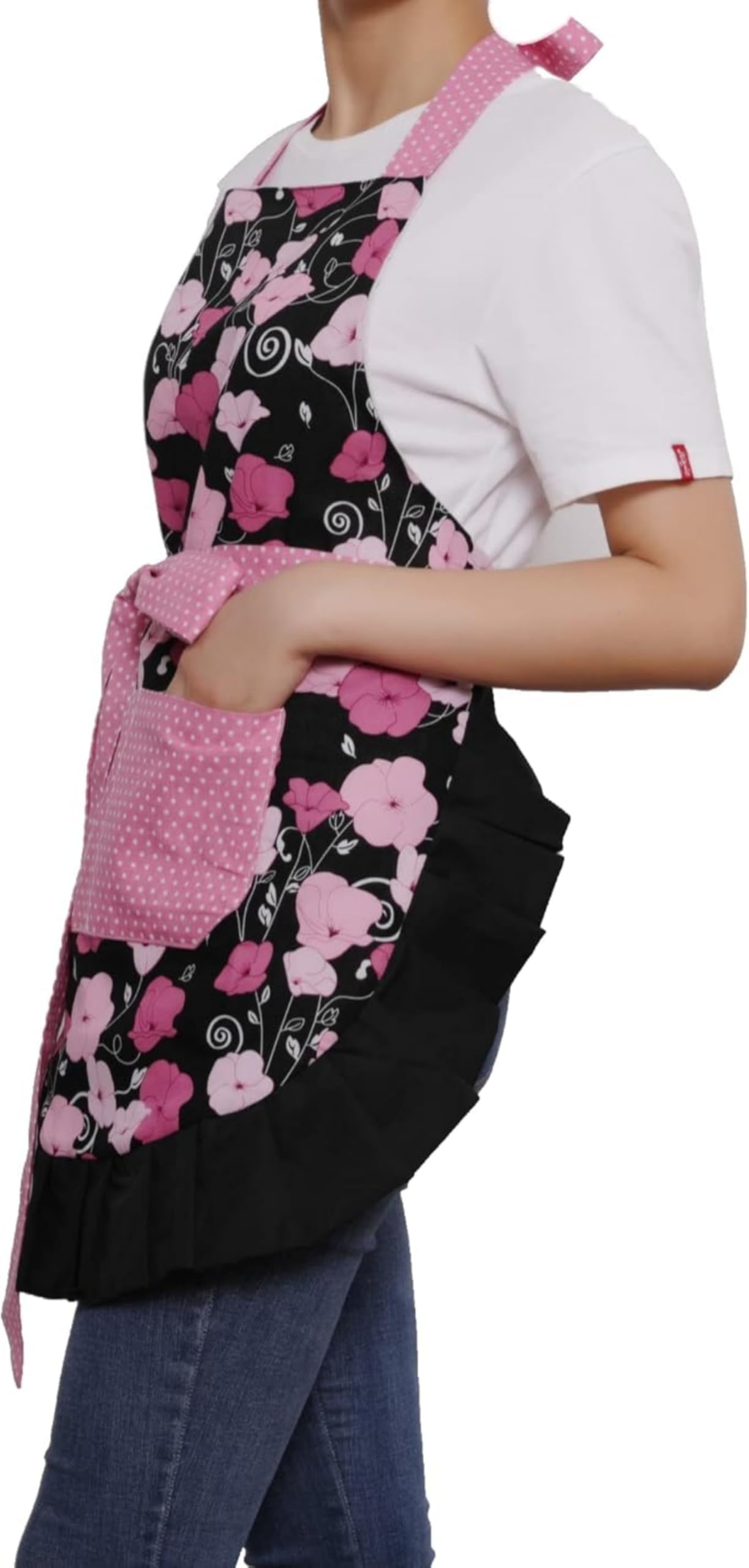 Xiabing Women's Original Floral Apron with Pockets, Adjustable Long Ties for Kitchen Cooking, Baking and Gardening, 54 x 73 cm (Pink)