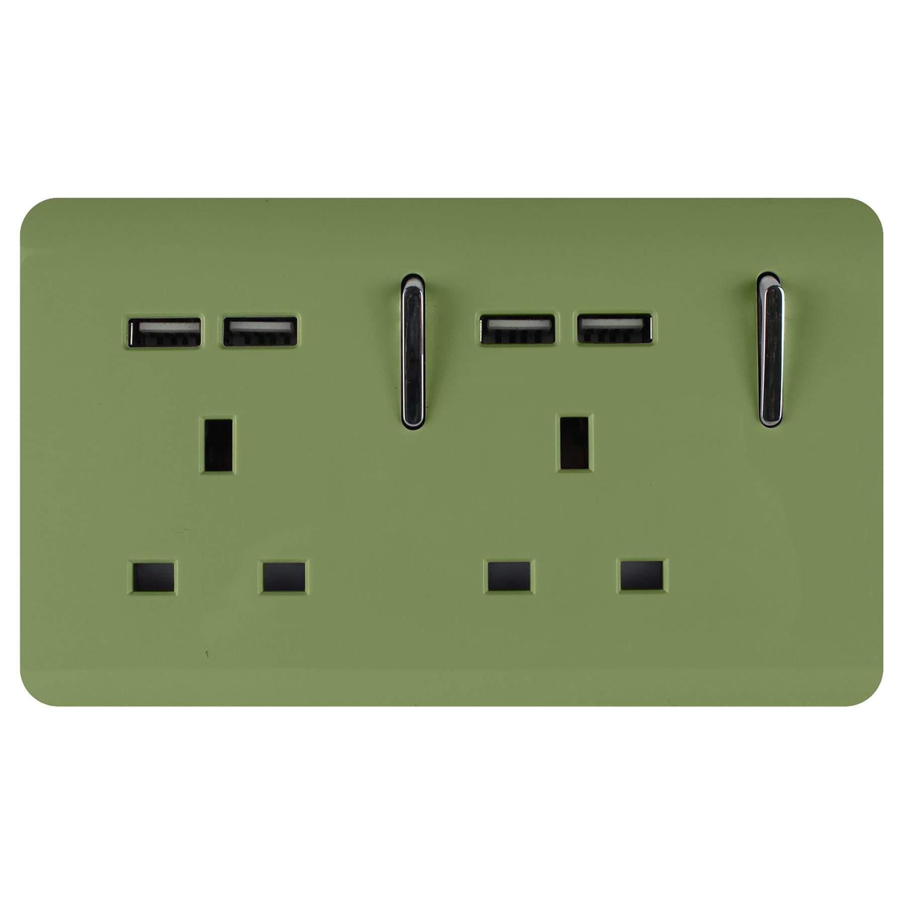 Trendi 2 Gang Artistic Modern Glossy Screwless Raised 13 Amp 240v Short 4 USB Type A Charging Points Double Chrome Switched Electrical Wall Plug Socket Moss Green - ART-SKT213USBMG