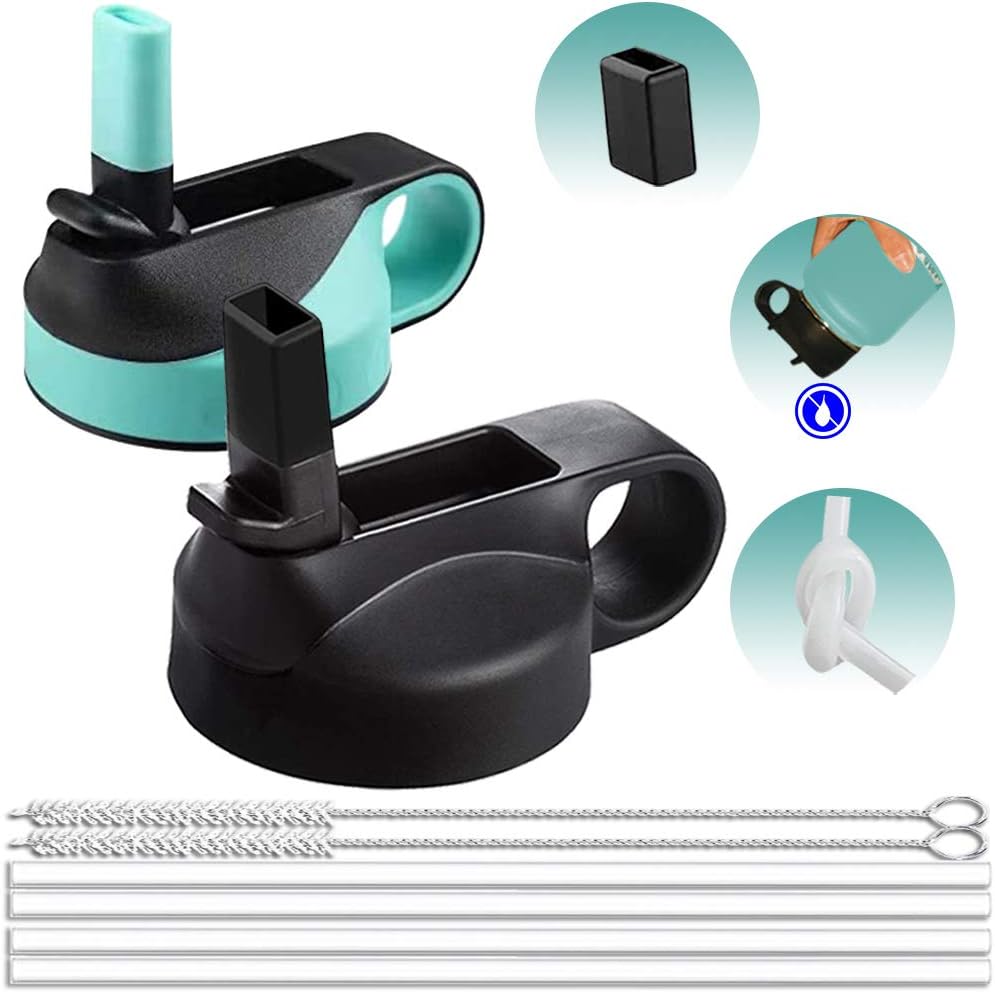 Wide Mouth Straw Lid for Hydro flask Lids Replacement - Lids for Hydroflask Lids with Straw 32oz 40oz and Most Water Bottles with Straw, 2 Lids,2 Silent Silicone Straws,2 Original Straws,2 Brushes