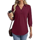 TICTICMISS Women's V Neck Polo Shirts 3/4 Length Sleeve Tops Collared Business Casual Summer Blouses