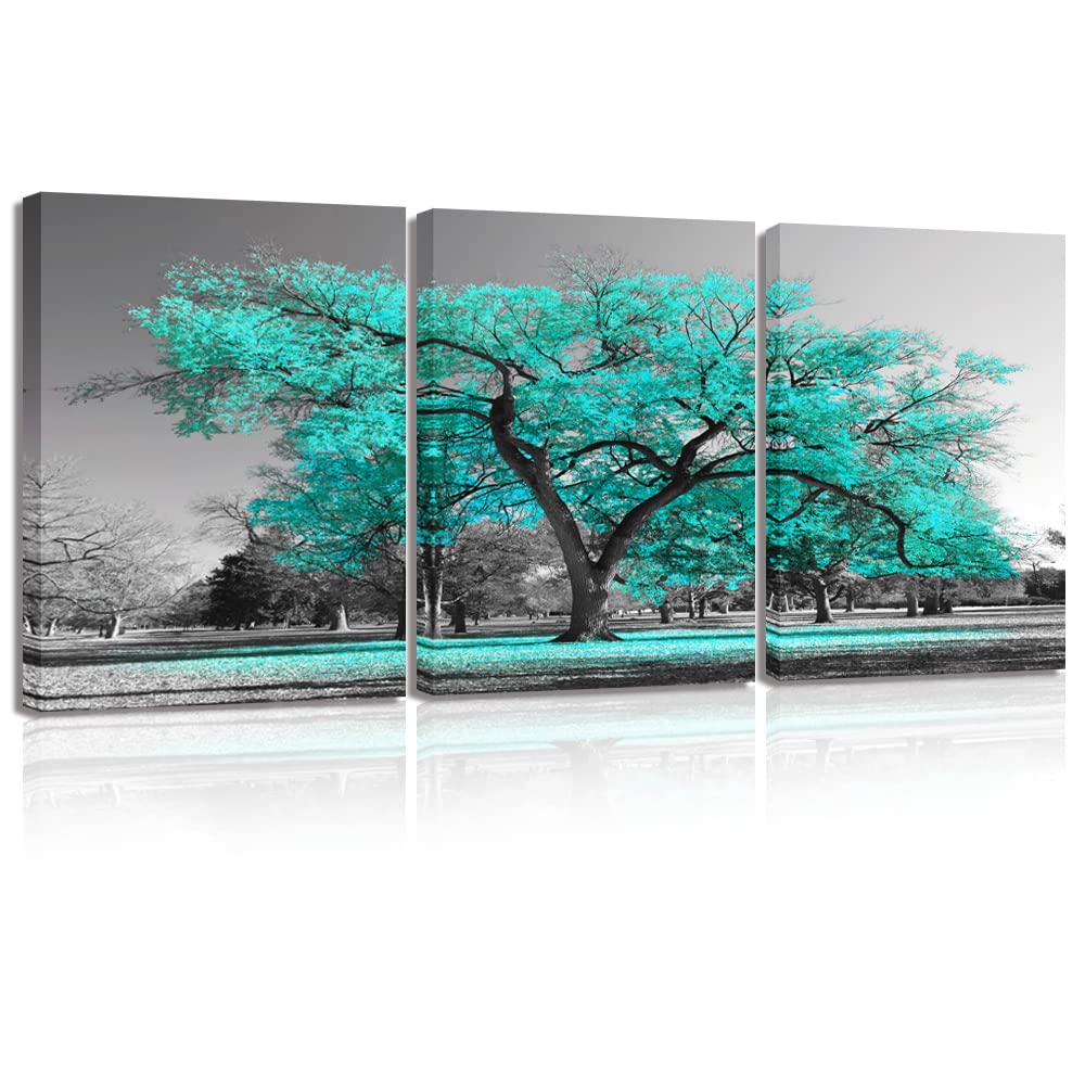 Visual Art Decor Teal and Grey Bedroom Picture for Wall 3 Pieces Turquoise Blossom Tree of Life Canvas Prints Framed Tree Painting Artwork for Modern Living Room Home Office Bathroom Decoration