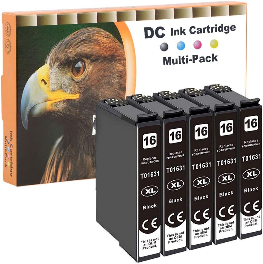 D&C 5PK Black 16XL Ink Cartridge Replacement for Epson WorkForce WF-2750 WF-2760