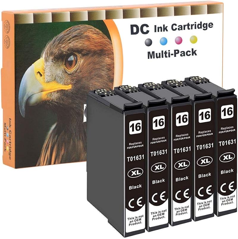 D&C 5PK Black 16XL Ink Cartridge Replacement for Epson WorkForce WF-2750 WF-2760