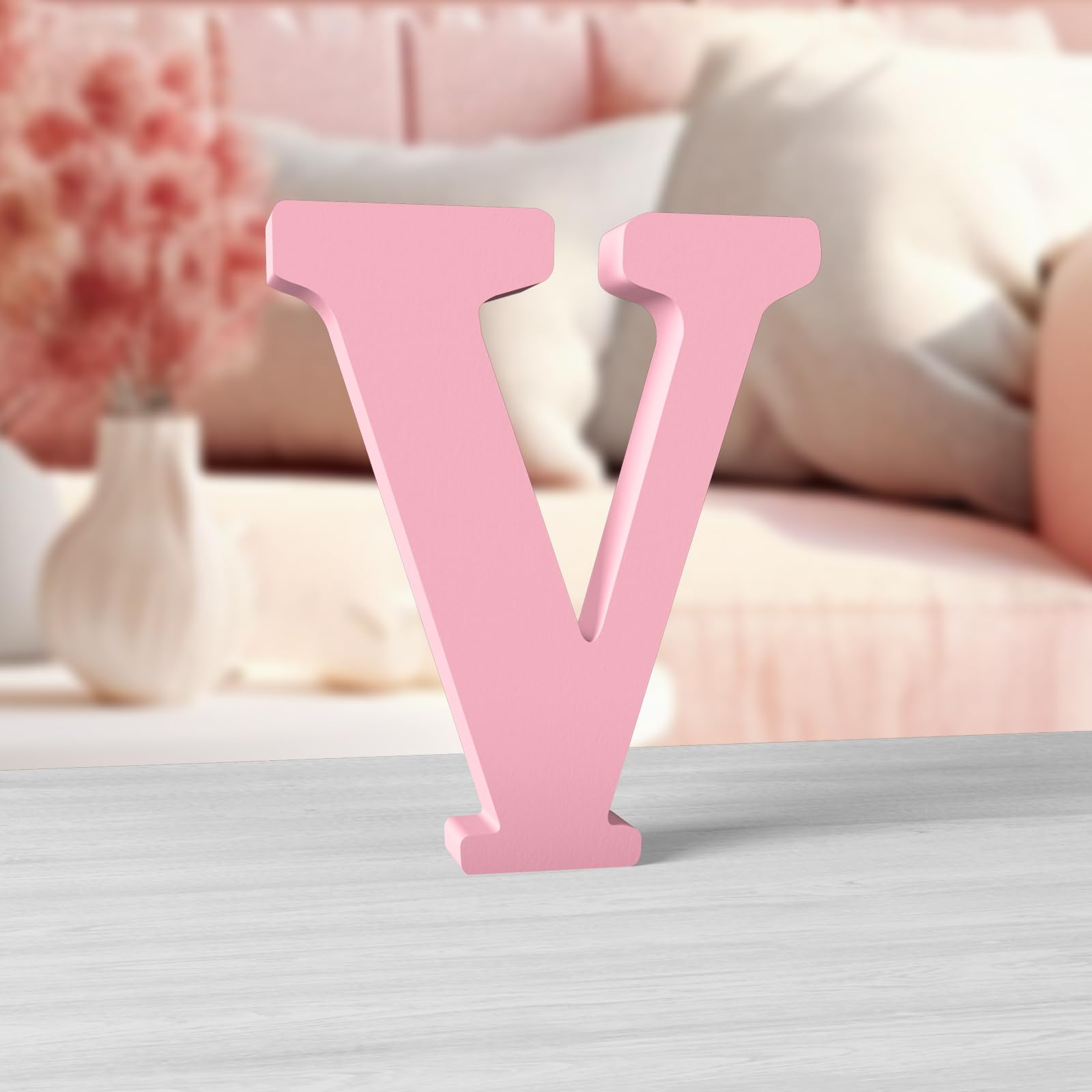 Aruatu 6 Inch Pink Wood Letters Unfinished Wood Letters for Wall Decor Decorative Standing Letters Slices Sign Board Decoration for Craft Home Party Projects (V)
