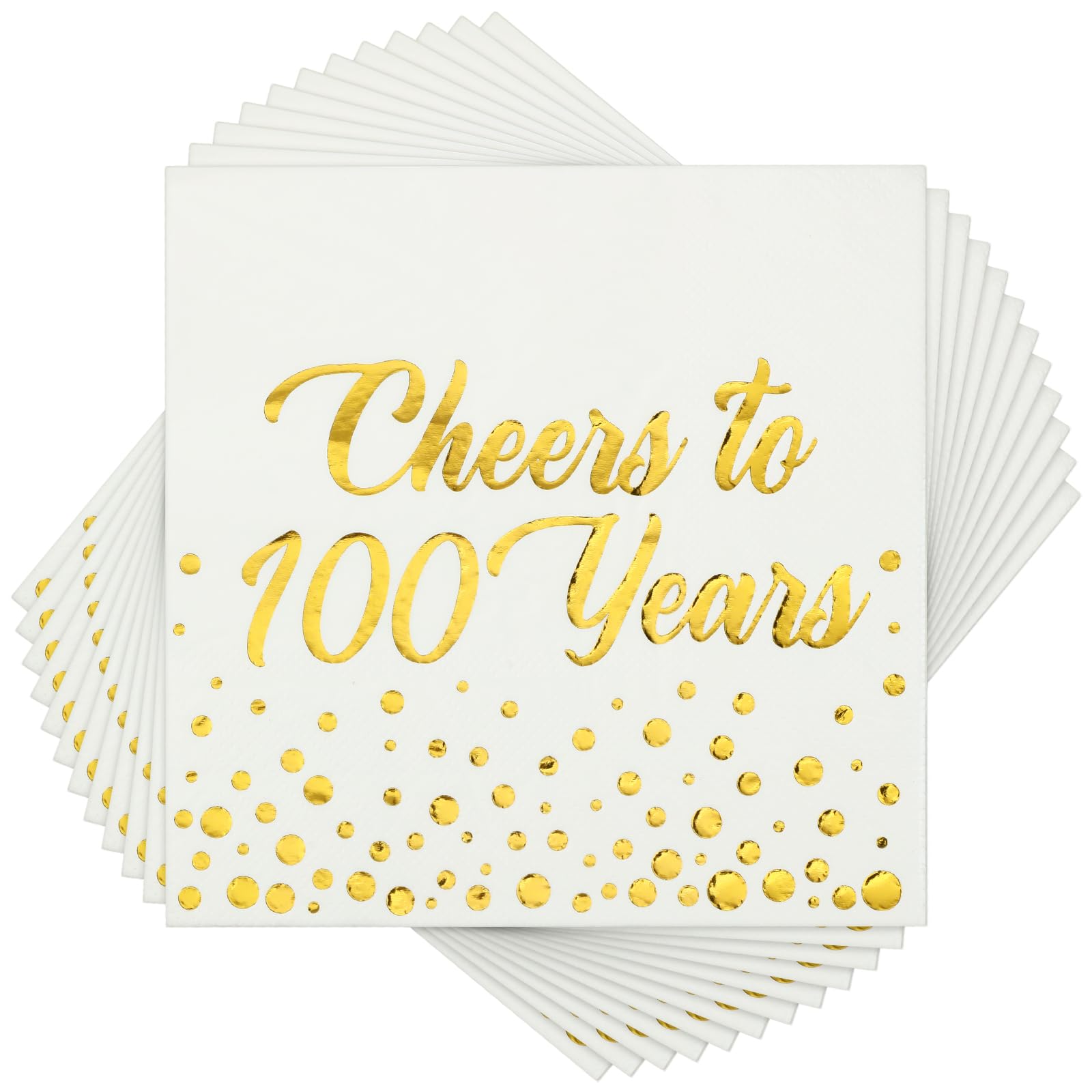 Photo 1 of Qilery 100 Pcs Gold Foil Birthday Napkins Anniversary Birthday Decorations Cocktail Napkins Folded 6.5 x 6.5 Inch 3 Ply Disposable Tissue for Wedding Party(Cheers to 100 Years)