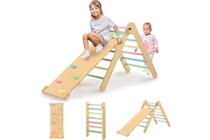 SOBIGFEIJI Pikler Triangle Set for Kids' Early Learning, 3 in 1 Wooden Foldable Montessori Climbing Toys Set with Ramp, and Climbing Triangle | Indoor Outdoor Playground Climbing Toys for Toddlers and Kids 1-7