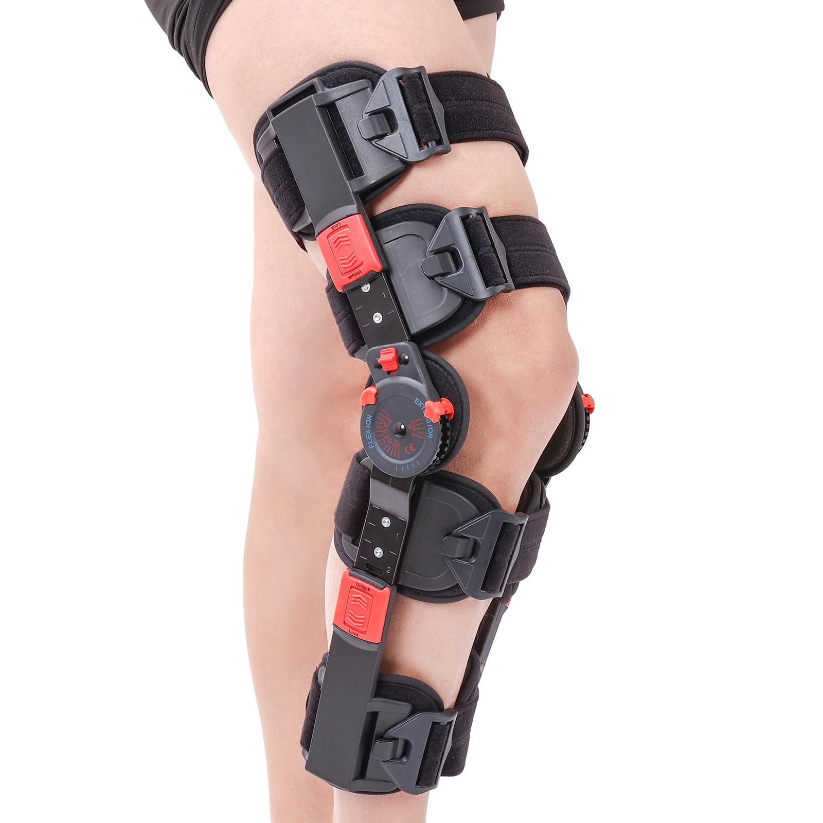 Photo 1 of Hinged ROM Knee Brace with Side Stabilizers, Adjustable Post Op Knee Support Orthosis Immobilizer for ACL, PCL and MCL Injury, Medical Knee Orthopedic Support, Leg Stabilizer for Left or Right Leg, Men and Women (Red)