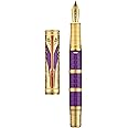 Hongdian D5 Qin Dynasty Fountain Pen, Purple Gold, Fine Nib Piston Fill with Retro Chinese Totem Engraving, Smooth Writing with Box Set