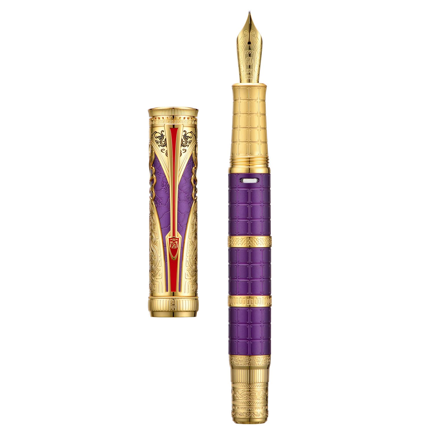 HONG DIAN D5 Qin Dynasty Fountain Pen Purple Gold, Fine Nib Piston Filling Pen, Retro Chinese Totem Engraving Smooth Writing Pen with Pen Box Set