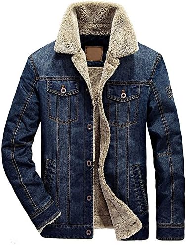 Men's Classic Fit Blue Faux Shearling Collar Slim Denim Jackets Dark Blue XXXXL
