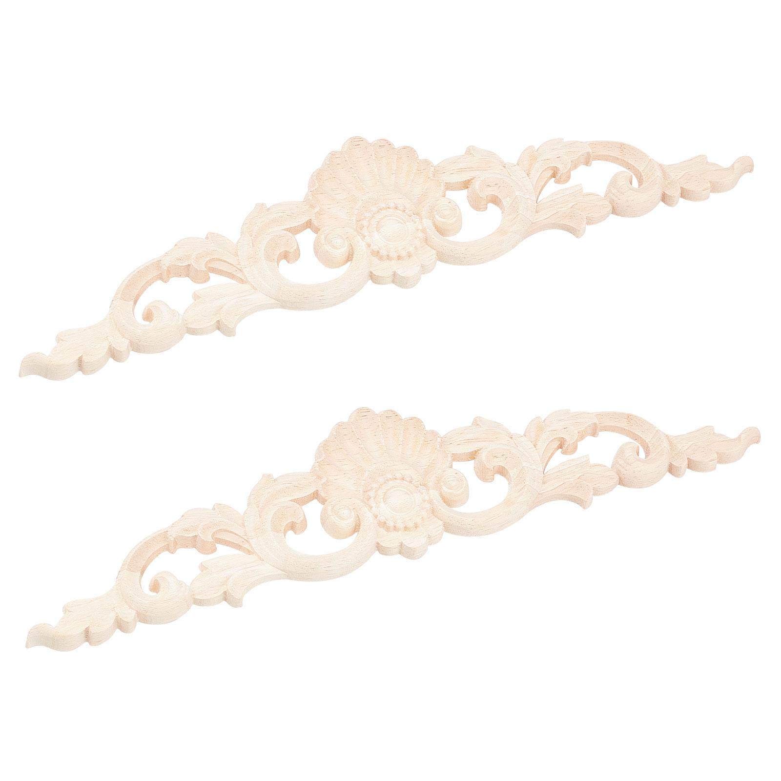 SUPERFINDINGS 2pcs 67.5x300x9.4mm Wood Carved Long Applique Flower Wood Carved Decal Unpainted Wood Carved Furniture Decoration for Home Door Cabinet