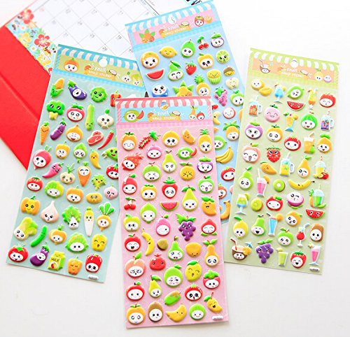 4 Sheets Cute Lovely Puffy DIY Decorative Adhesive Sticker Tape/Kids Craft Scrapbooking Sticker Set for Diary, Album (Vegetables+Fruits-1) - Thumbnail 2