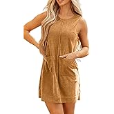 Opemiby Womens Corduroy Dress Crewneck Skirtall Jumper Overall Mini Dress Pinafore with Pockets