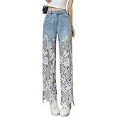 xxxiticat Women's Lace Denim Pants High Waisted Hollow Out Asymmetric Floral Patchwork Ripped Straight Leg Jeans Trouser