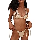 RoseSeek Women's 2 Piece Rhinestone Starfish Bathing Suit Glitter Halter Triangle Swimsuit String Bikini Set