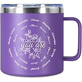 Christian Gifts for Women, 14oz Coffee Mug Inspirational Gifts Bible Verse Mug Insulated Stainless Steel Vacuum Tumbler with Flower Prints Appreciate Spiritual Presents for Baptism Sister, Purple
