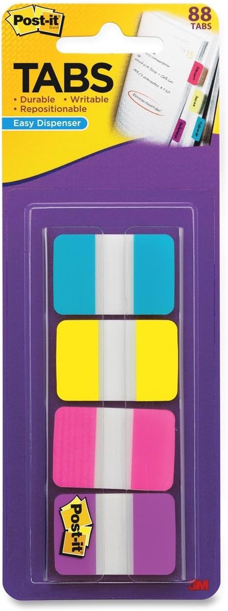 Post-it Tabs, 1-Inch Solid, Aqua, Yellow, Pink, Violet, 22/Color, 88 per Dispenser (686-AYPV1IN) : Office Products