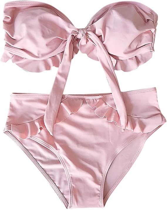 Amazon Akane 水着 レディース スプリット水着 チューブトップ スカラップ リボン セクシー 透かし プラスサイズ 無地 ビキニ 美しいバック バックレス ハイウエスト シンプル シーサイド ビーチ 夏 ビキニ セパレーツ 通販