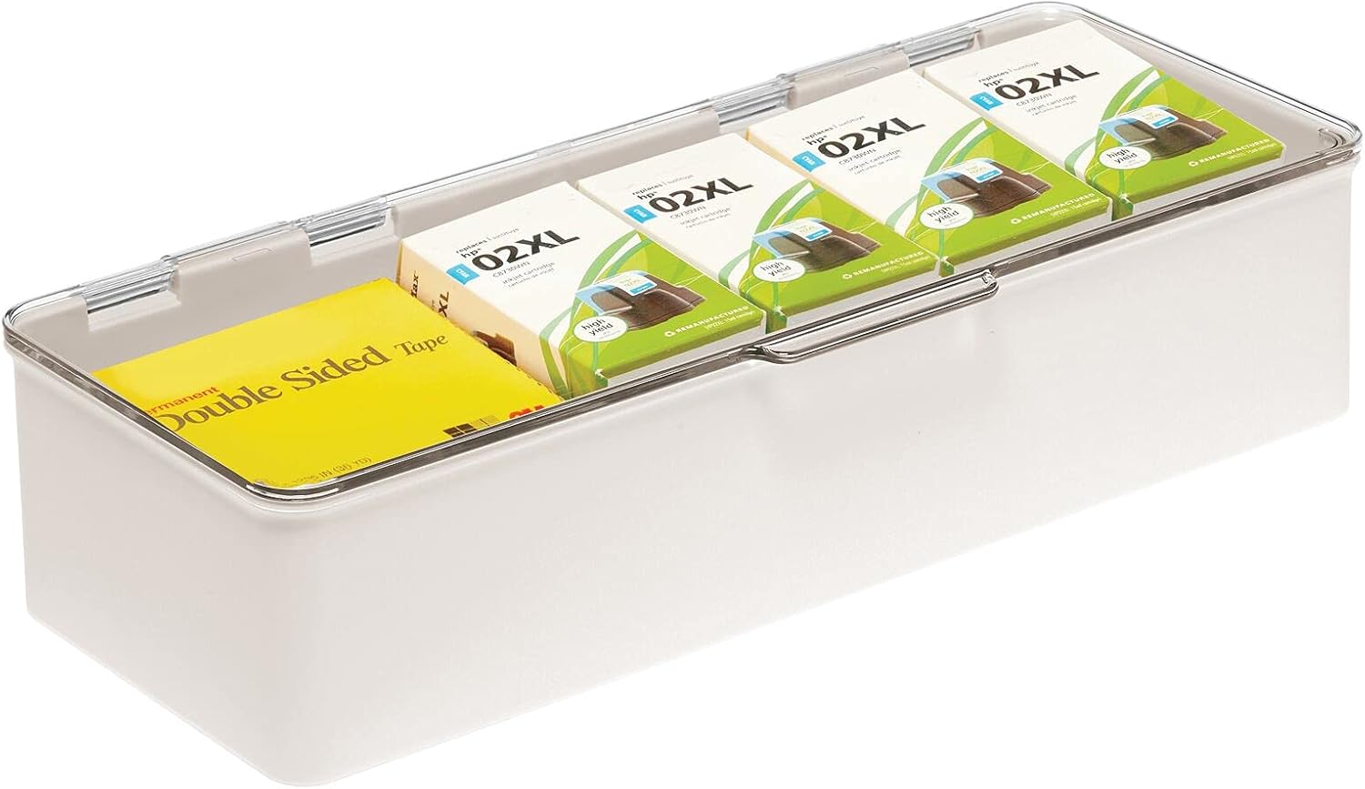mDesign Plastic Stackable Box Home, Office Supplies Storage Organizer Box with Attached Hinged Lid - Holder for Note Pads, Gel Pens, Staples, Dry Erase Markers, Tape - 2 Pack - Cream/Clear : Office Products