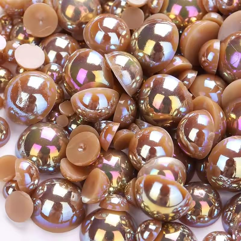 Photo 1 of 1000PCS Mixed Sizes 3/4/5/6/8/10mm Flatback Half Round Pearls Gems for Crafting, AB Color Pearl Beads Stones for Crafts Jewelry Clothes Shoes Dress Nail Art Making Embellishments (Light Coffee AB)