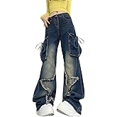 PEAINJ Star Jeans for Women Girls Baggy Cute Patchwork Denim Pants Y2k High Waisted Jeans Grunge Aesthetic Clothes