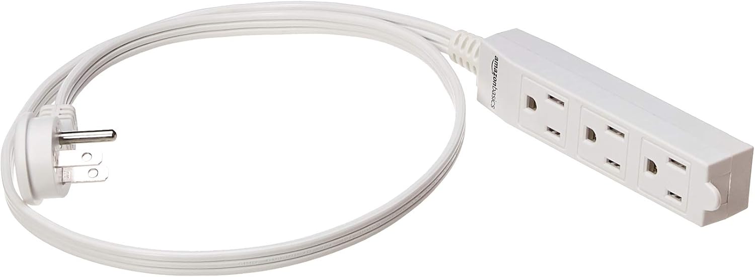 Basics Indoor 3 Prong Extension Power Cord Strip - Flat Plug, Grounded, 3 Foot, Pack of 2, White - - 
