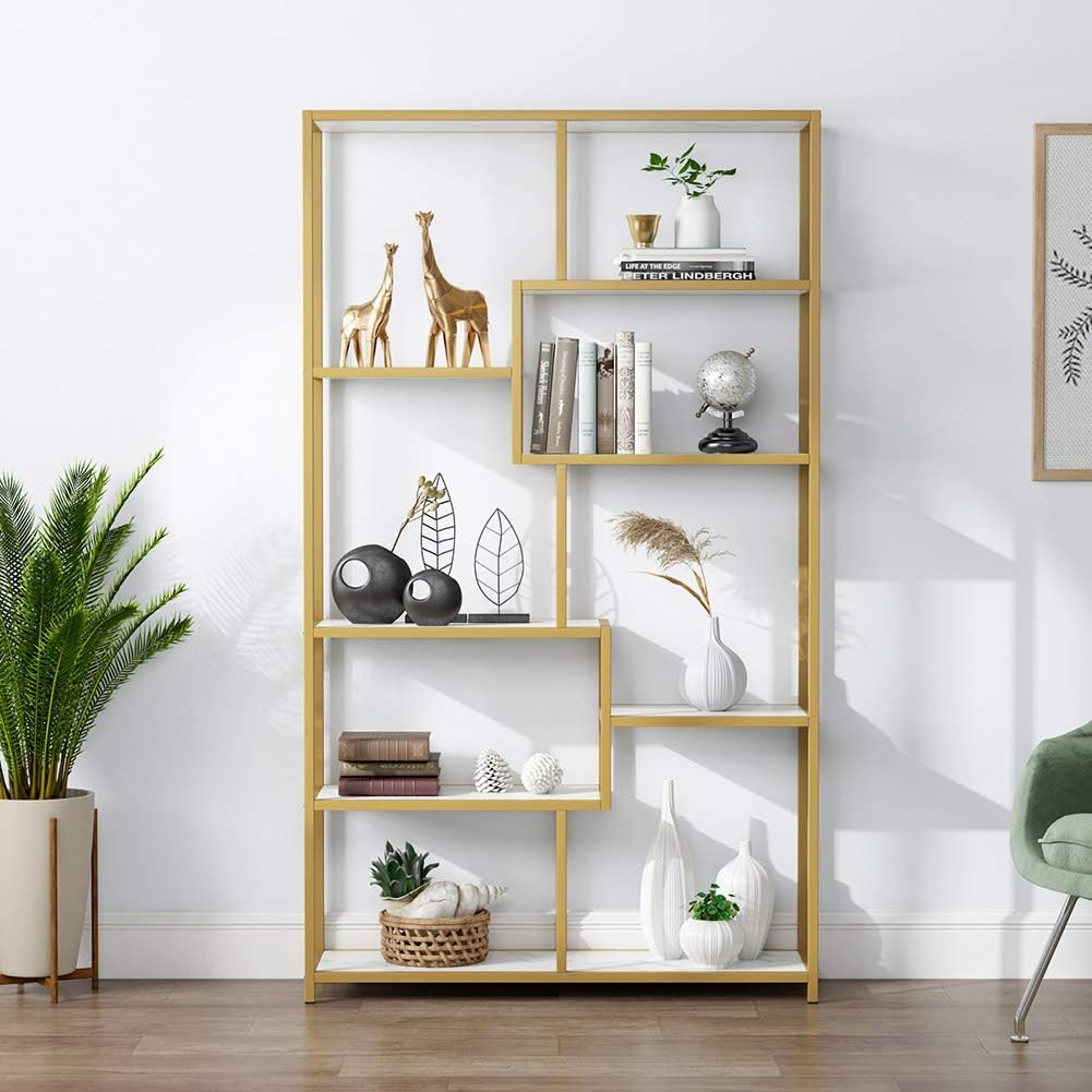 Modern Bookshelf, Gold 8Open Shelf Etagere Bookcase with Faux Marble