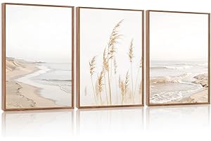 HPNIUB Modern Beach Artwork Seascape Wall Art, Seaside Framed Painting Reed Pathway Picture, Minimalist Neutral Coastal Lands