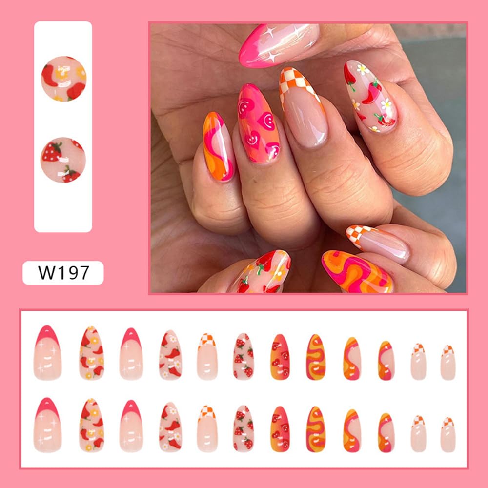 24 Pcs Press on Almond Medium French Tip Acrylic Fake Nails with Fruit Colorful Swirl Patterns Designs Full Cover Reusable False Nails Set for Women Glue on Stick on Nail Art - Image 2