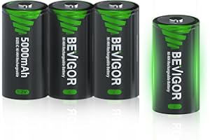 BEVIGOR Rechargeable C Batteries, 5000mAh 1.2V NiMH Precharged C Cell Batteries, Low Self Discharge Recharge up to 1300x Times, 4 Pack