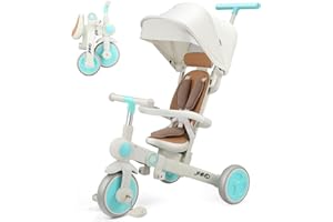 JMMD Baby Tricycle, 7-in-1 Multifunctional Kids Trike with Adjustable Parent Handle, Safety Harness & Wheel Brakes, Removable Canopy, Stroll Trike for Boys & Girls Ages 18 Months-5 Years, Mint