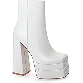 ANN CREEK Women's Double Platform Ankle Boots Chunky Heel Booties Side Zipper Square Toe High Heel Casual Boots
