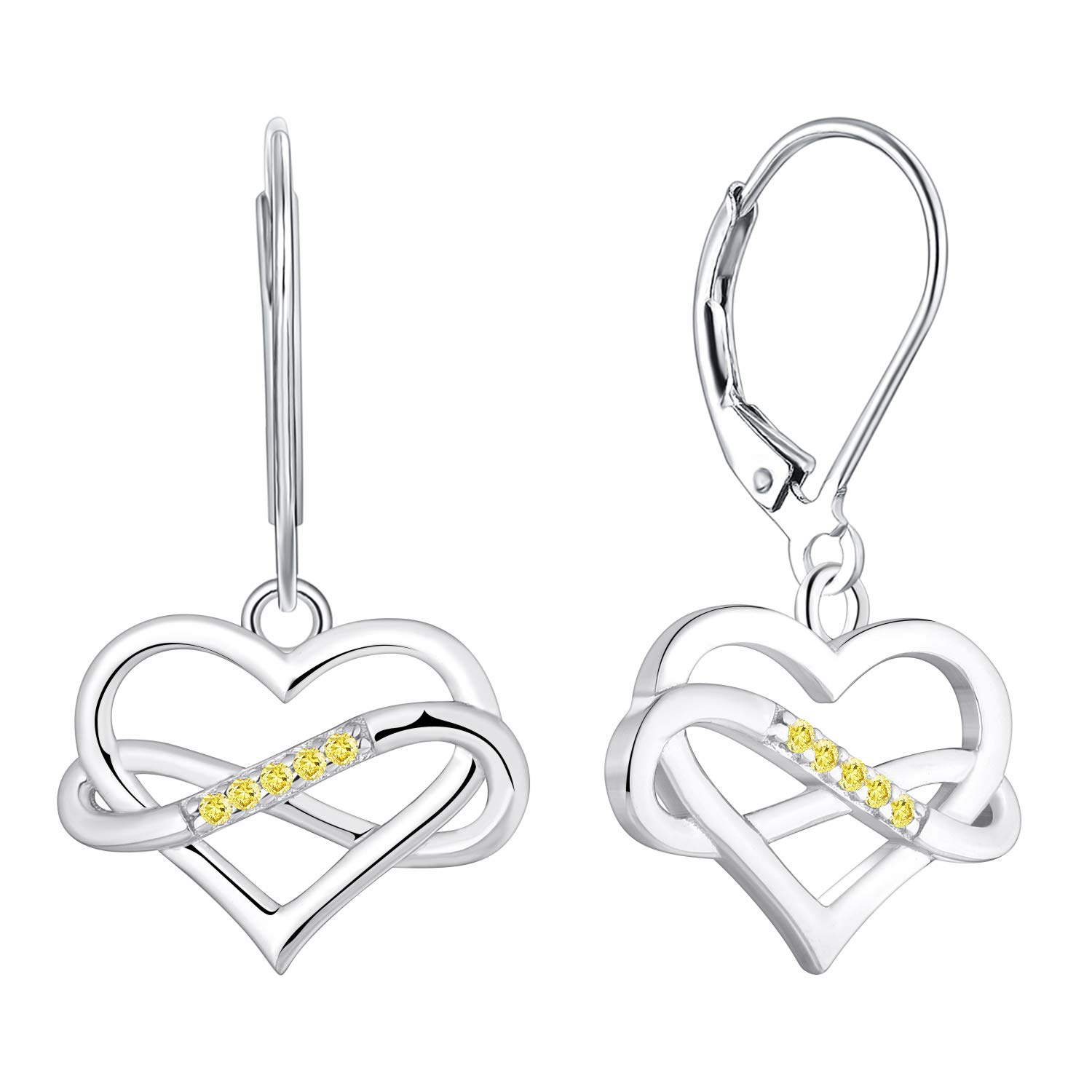 JO WISDOM Women Heart Infinity Earrings,925 Sterling Silver Leverback Dangle & Drop Earrings with 3A Cubic Zirconia November Birthstone Citrine Color with White Gold Plated — image 1