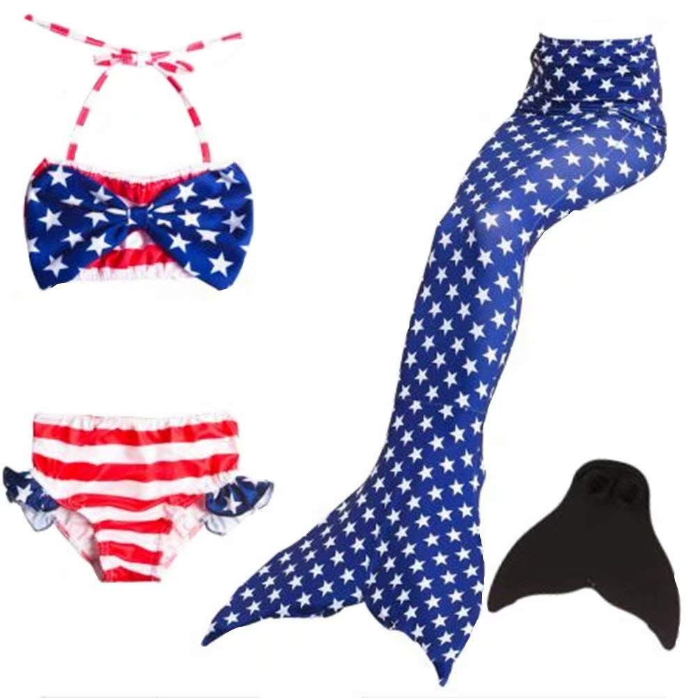 Tsyllyp 2019 Girls American Flag Swimsuit Mermaid Tails for Swimming Bikini Bathing Suit with Monofin 4PCS