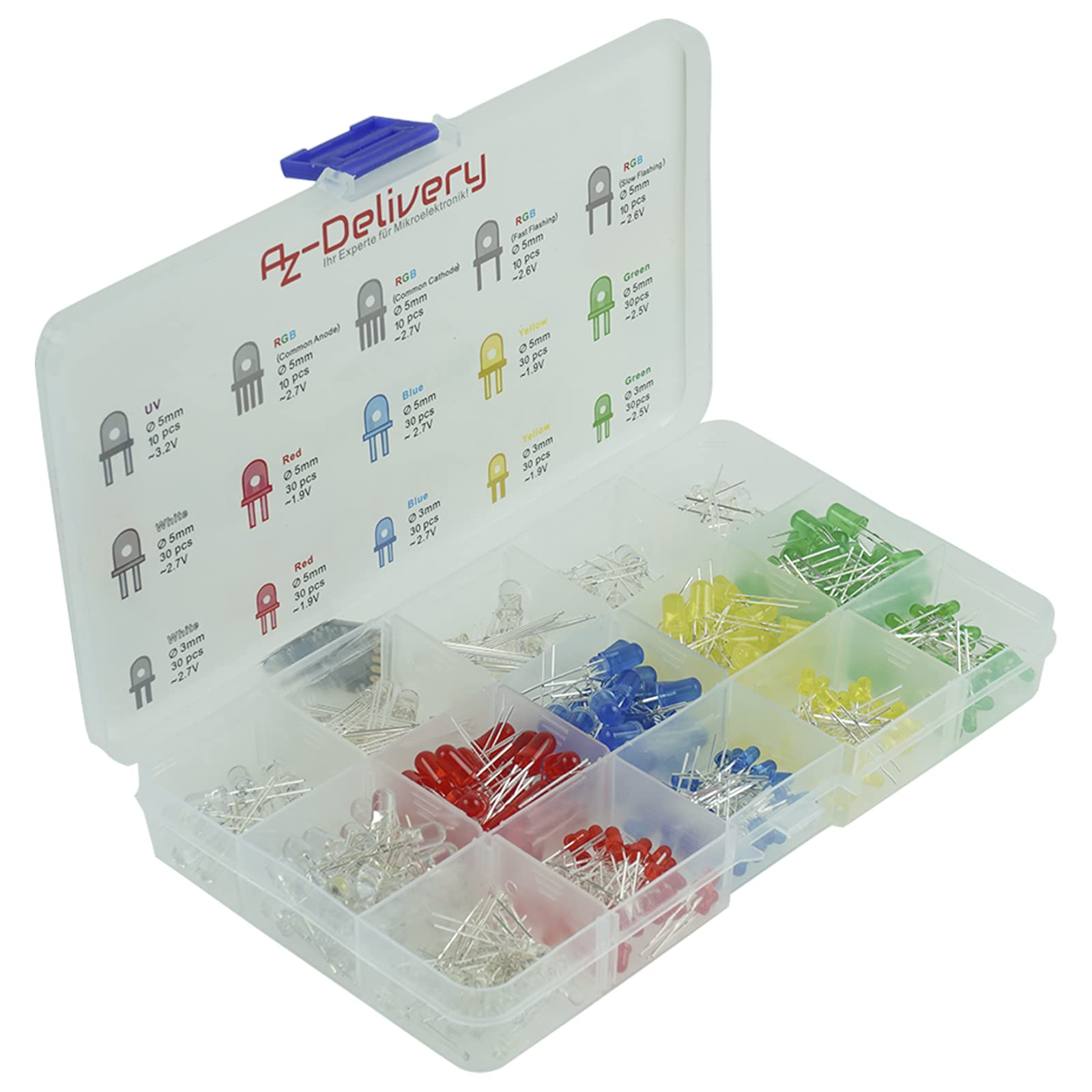 AZDelivery Colourful LEDs 3 mm 5 mm Assorted Colour Clear Light Emitting Diodes Kit, UV RGB CC/CA, compatible with Arduino including E-Book!