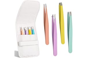 4 Pack Eyebrow Tweezers, Stainless Steel Slant Tweezer Set and Pointed Hair Removal Tweezers, Precision Tweezers for Ingrown 