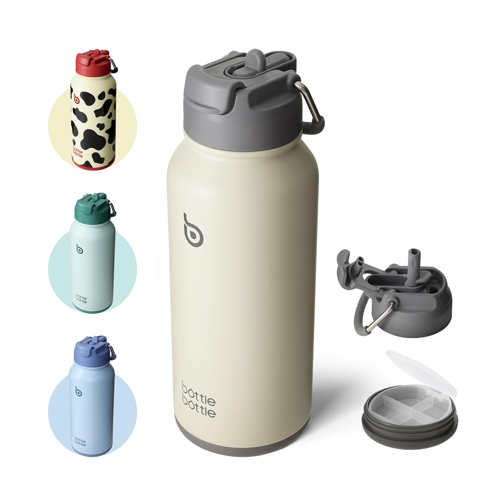 BOTTLE BOTTLE Insulated Water Bottle 950ml(32oz) Stainless Steel Sports Water Bottles with Straw Dual-use Lid Drink Flask Design for Gym with Pill Box (Gray) — image 1