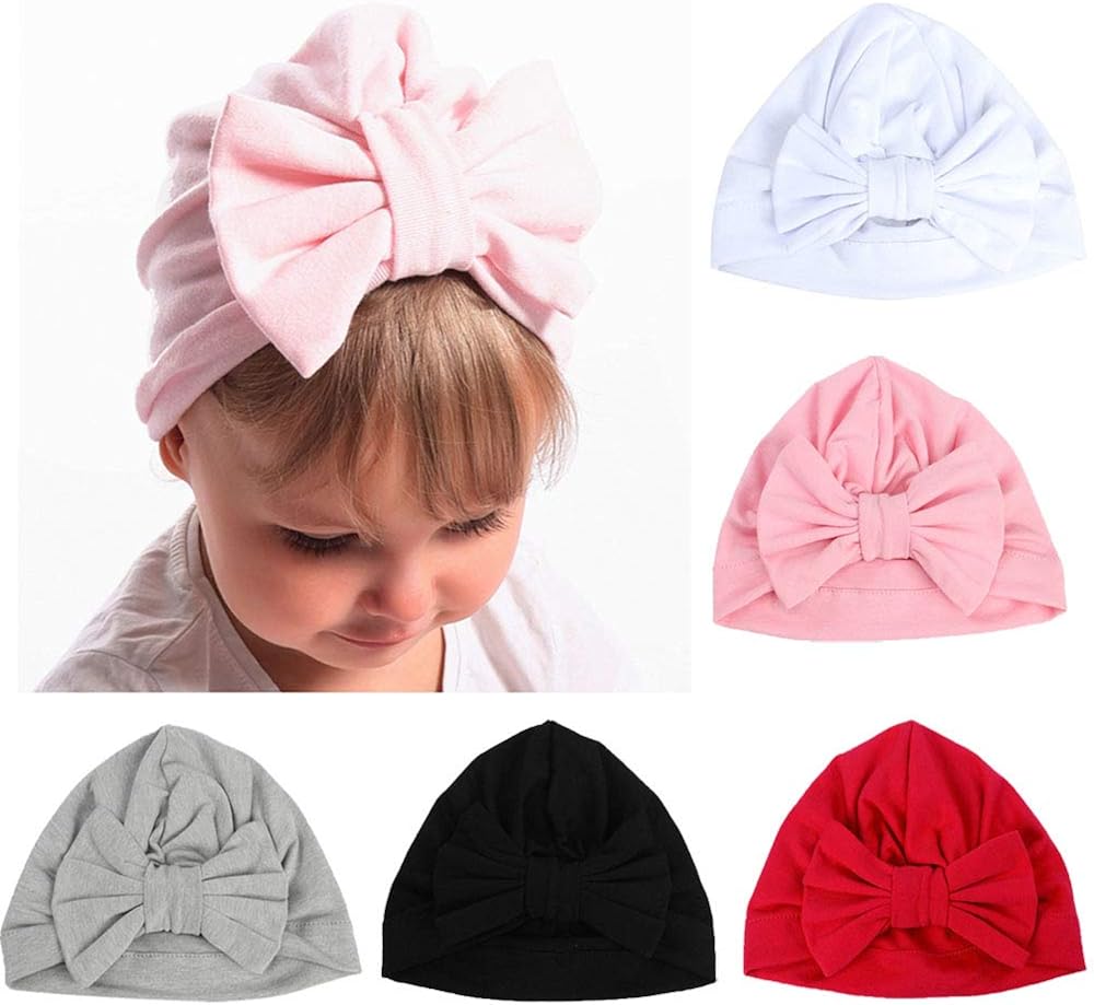 LERTREE 5 Pack Baby Solid Knot Hats Baby Girls Toddler Turban Bow Cap Infant Head Cap: Clothing