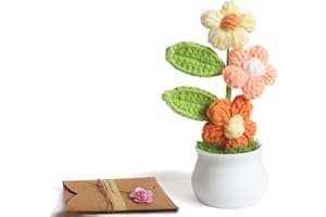ZHOYIMIMI Knitting Crochet Puff Flowers Potted Plants, Handmade Knitted Gradient Colorful Flower for Home Office Car Decoration, Decorative Plants for Lasting Beauty, Gift for Women, Family, Friend（Orange）